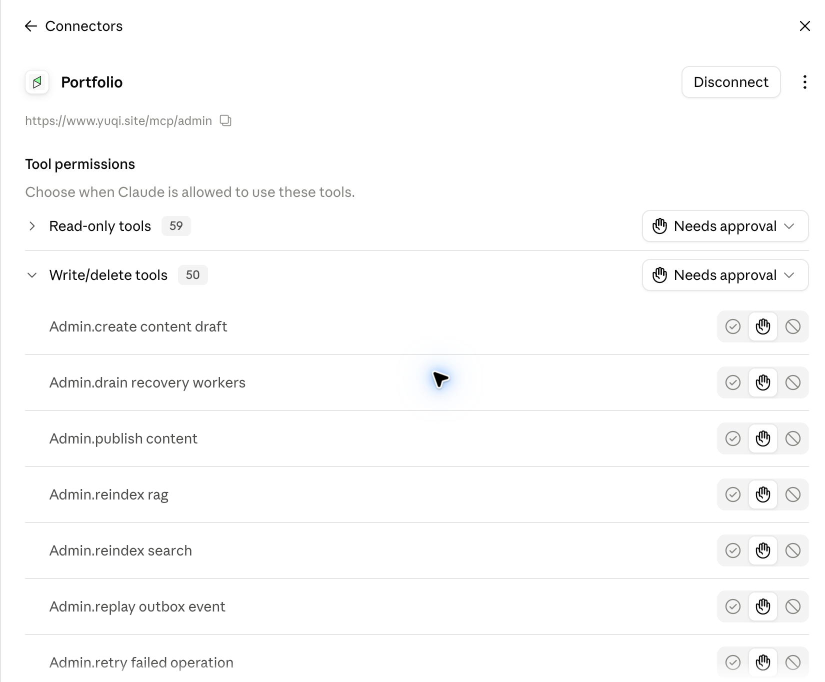 Claude administrator connector showing read and write permissions after authorization
