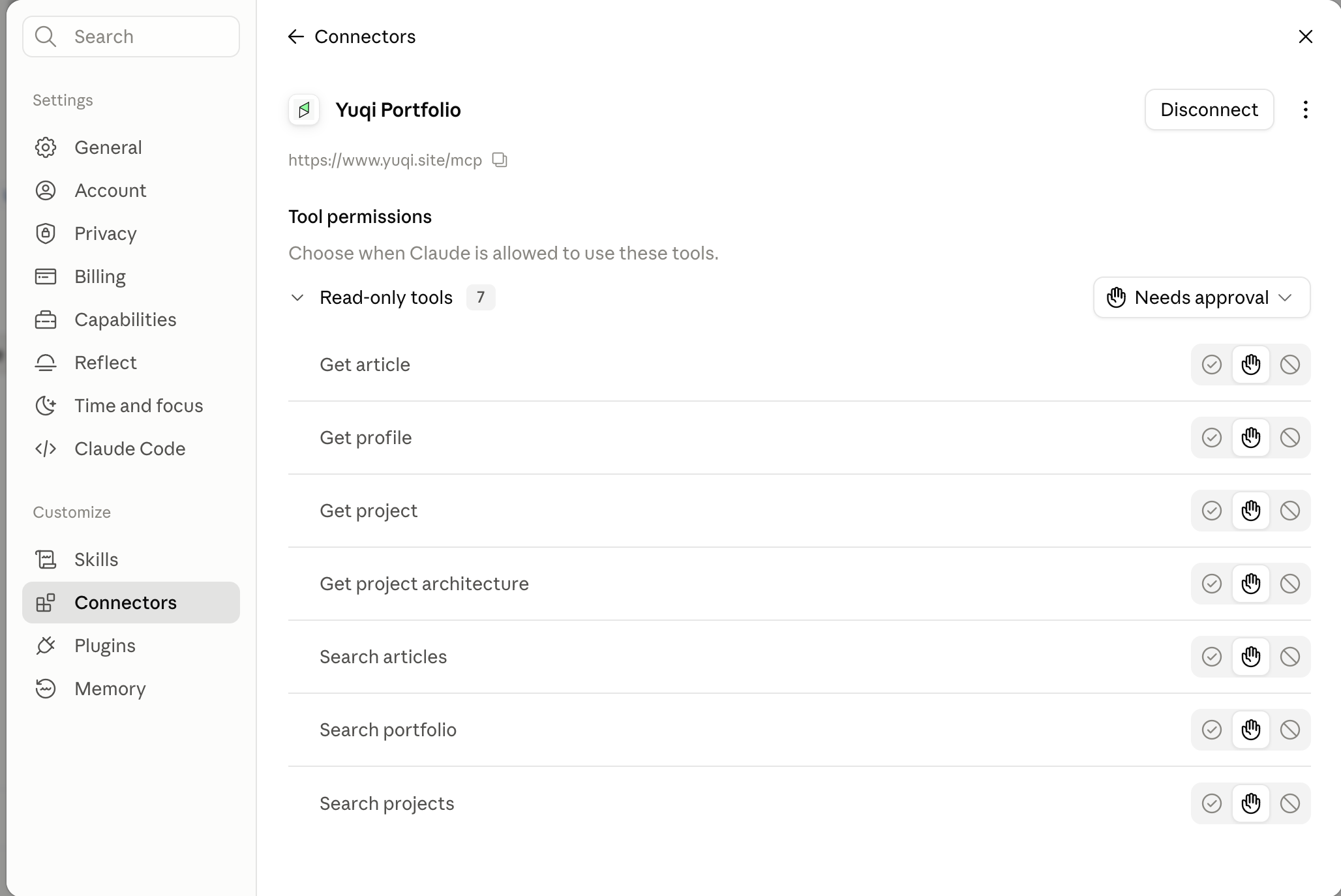 Claude public connector showing read-only portfolio tools